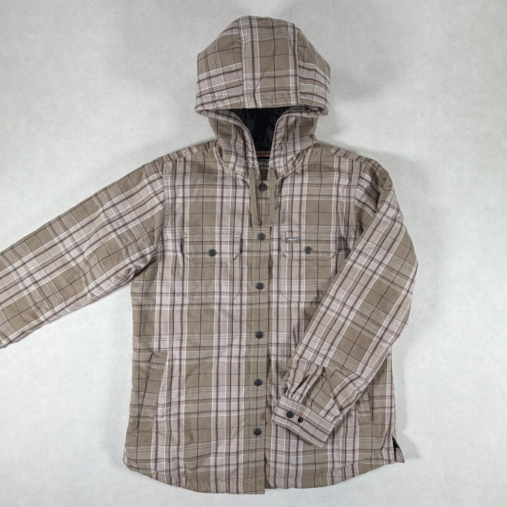 ARIAT REBAR Womens Small Flannel Insulated Jacket Shacket Lined Hooded Workwear